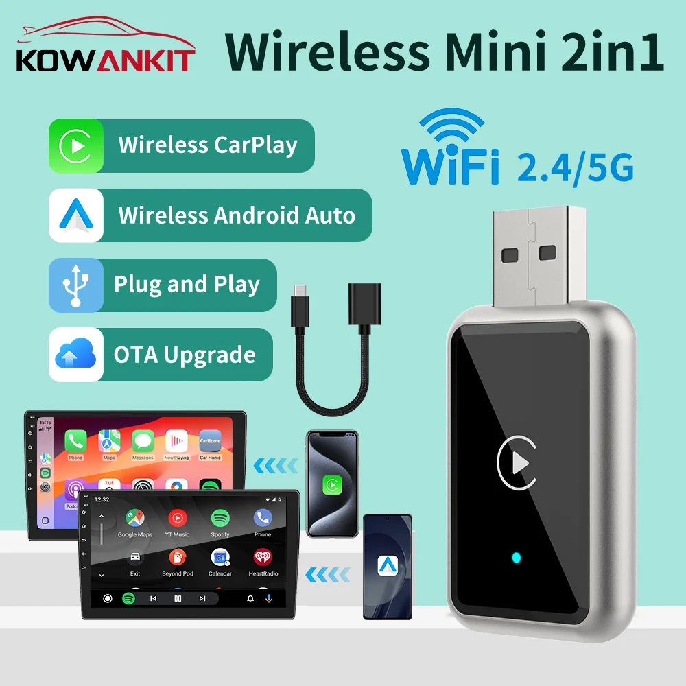 KowanKit Wireless Carplay Android Auto 2in1 Adapter Usb Apple Smart Mini Ai Box Plug & Play Fits Cars From 2016+ Car Accessories
