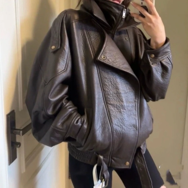 

American Retro Heavy Leather Jacket 2025 Spring and Autumn Sexy Spice Zipper Women's Motorcycle Jacket