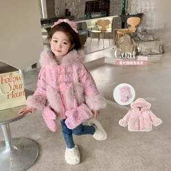 New Plush Jacket for Girls Winter Fashion Pink Shiny Kids Fur Coat Hooded Outerwear Warm Glove Children’s Snowsuit CH198