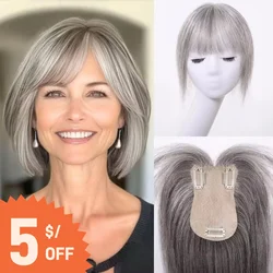 Light Grey Human Hair Topper with Thick Bangs Clip in Hair Extensions 360° Cover Human Hair Toppers for Women Daily Machine Made