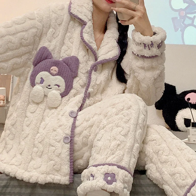 Kawaii Sanrio Kuromi Pajamas Sweet Anime Cartoon Students Winter Velvet Thickened Warm Girls Cardigan Outside Wear Loungewear