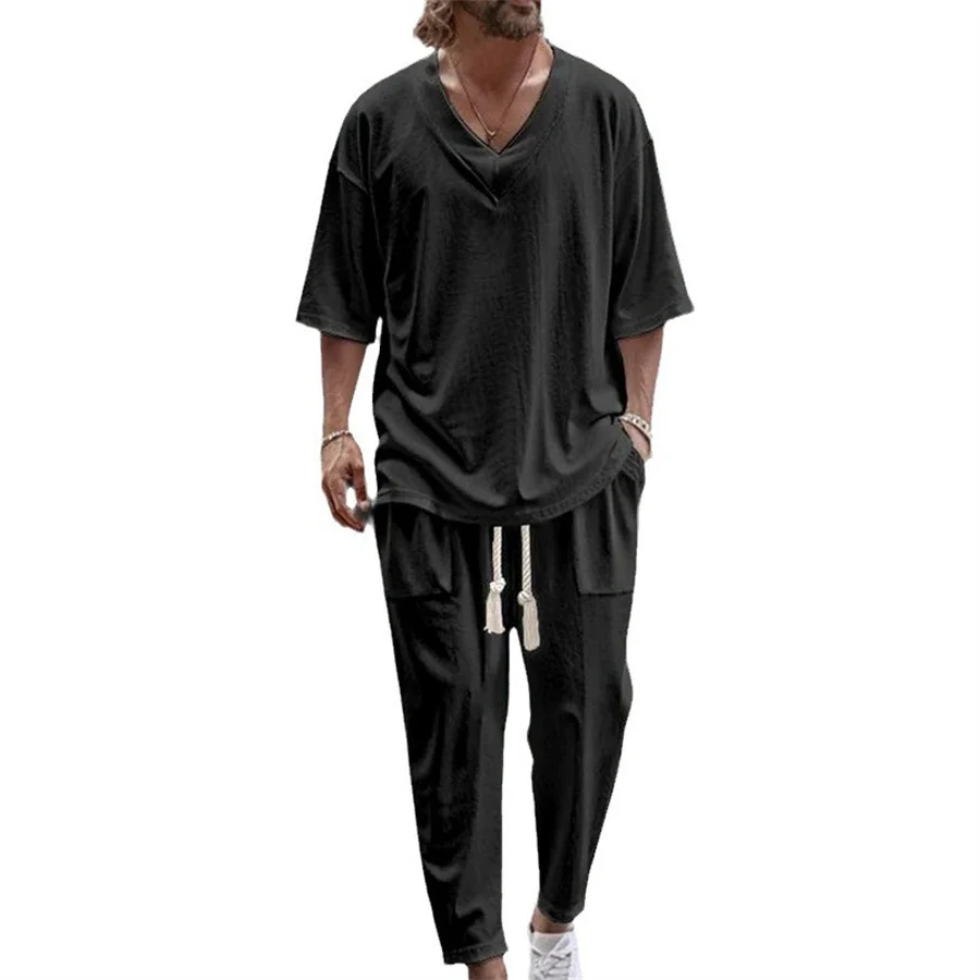 2024 Men Two Piece Sets Casual Solid Loose Outfits Summer Half Sleeve V-Neck T-Shirt and Long Pants Men\'s Sports Suit Streetwear