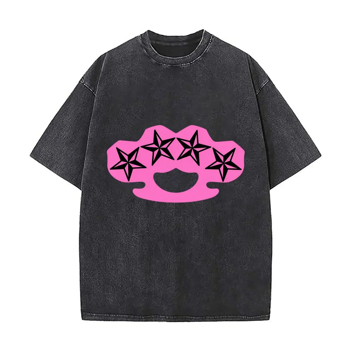 Pink Brass Knuckles Black Stars Y2K Gothic Graphic Distressed Vintage Oversized Streetwear Tops for Coffee Dates