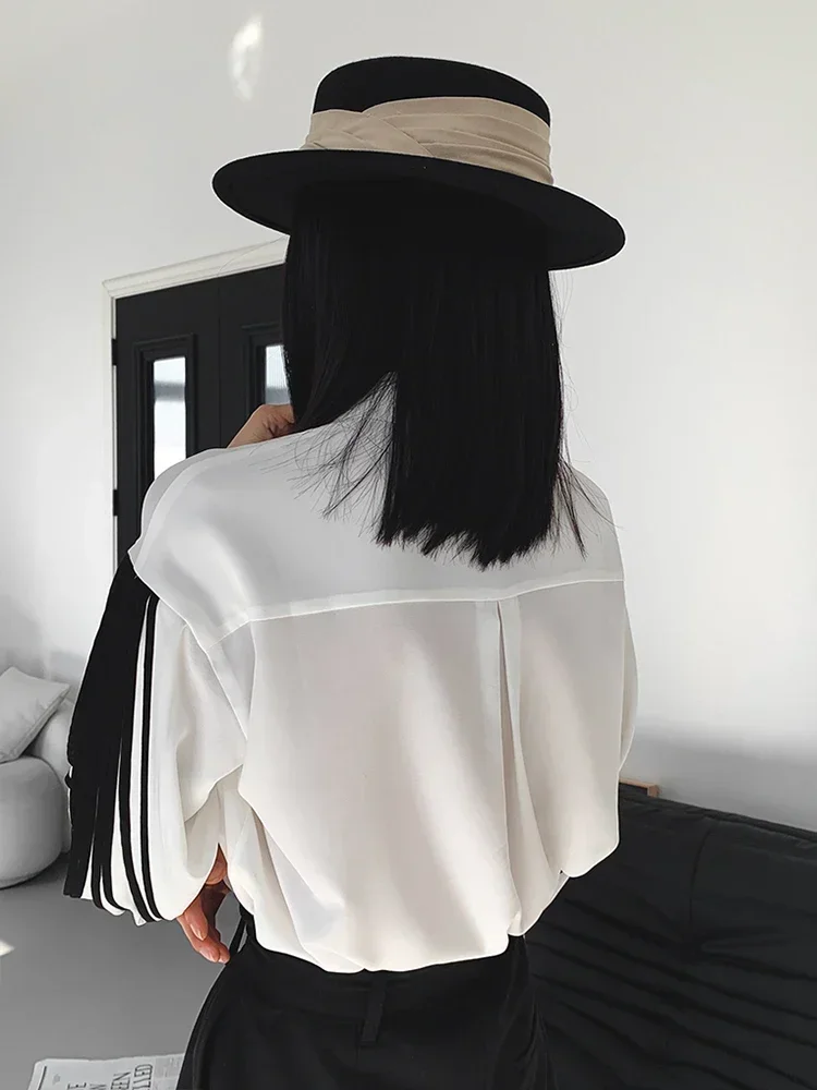 Straight Patchwork Shirt For Women Lapel Lantern Sleeve Colorblock Loose Blouses Female Clothing Style 2022 Fashion