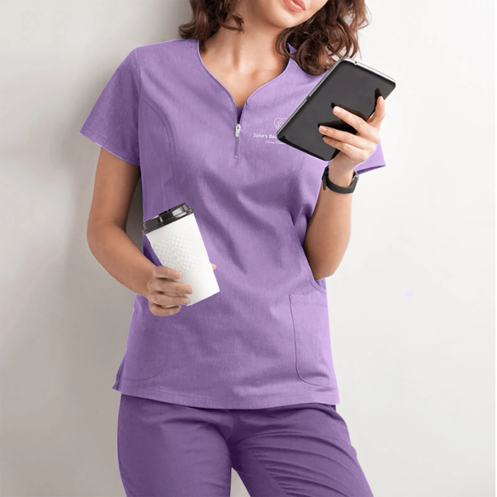 Beautician Solid Uniform Short Sleeve V-Neck Pocket T-Shirt Tops Care Worker Summer Workwear Tops Nurse Uniform Clinic Blouse