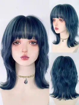 Parrucche blu con testa di triglia ondulata corta con frangia Parrucca sintetica per capelli da donna Lolita Cosplay per la festa quotidiana