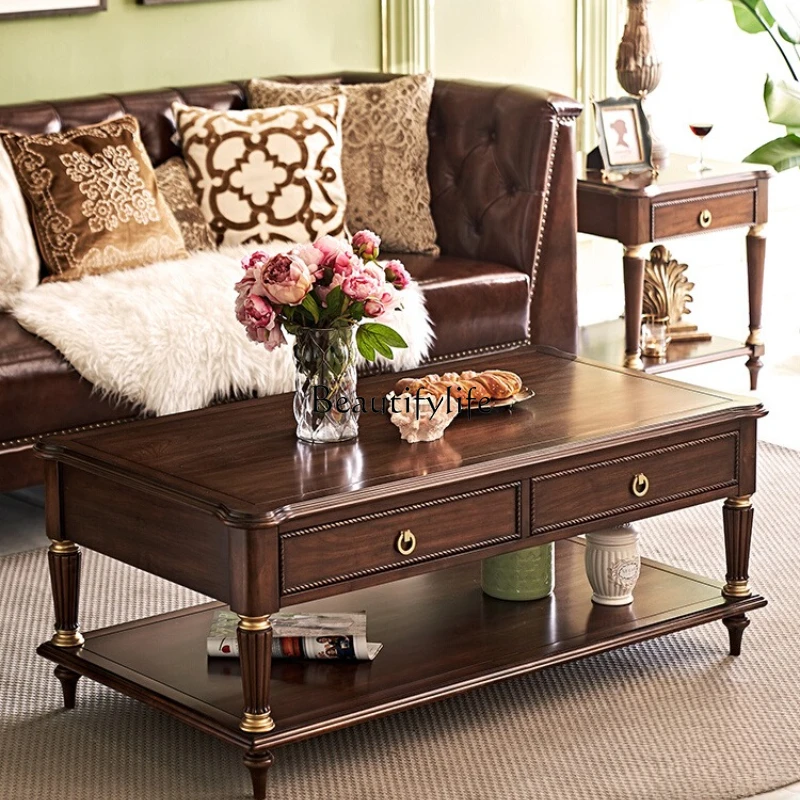 

American light luxury solid wood coffee table living room high-end household square tea table small apartment
