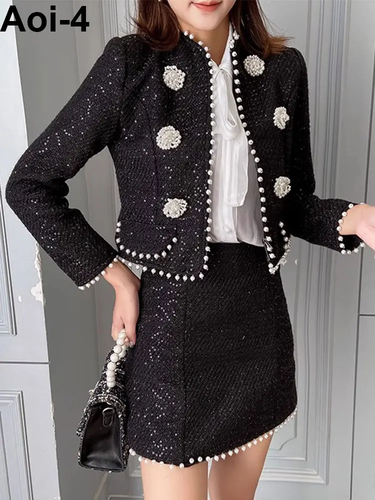 Fashion Elegant Black Sequin Pearl Suit Women 2023 Autumn Winter Tweed Zipper Long Sleeve Short Coat+A- line Skirt Two-Piece Set