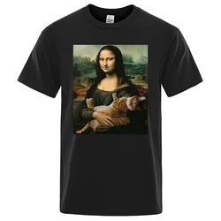 Funny Mona Lisa And Cat Printed T-Shirt For Men Summer Cotton T Shirt Loose Breathable Clothing O-Neck Fashion Short Tees 80276