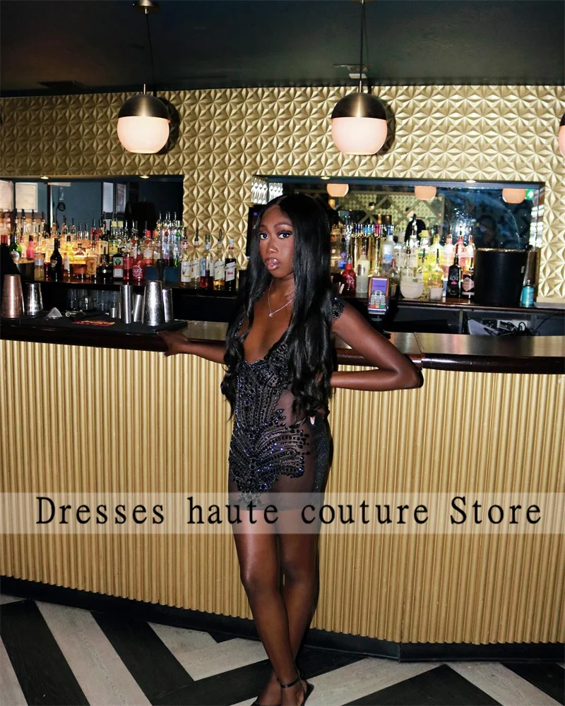 

Black Diamonds Short Memraid Prom Dresses 2024 For Black Girls Beaded Rhinestones Crystal Mini Cocktail Dresses Birthday Dress