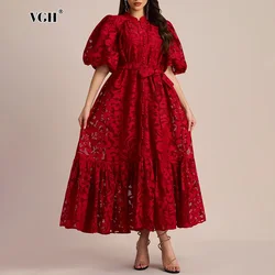 VGH Fashion Patchwork Bow Mesh Dresses for Women Round Neck Long Sleeve Spliced Embroidery Temperament Dress Female Clothing New