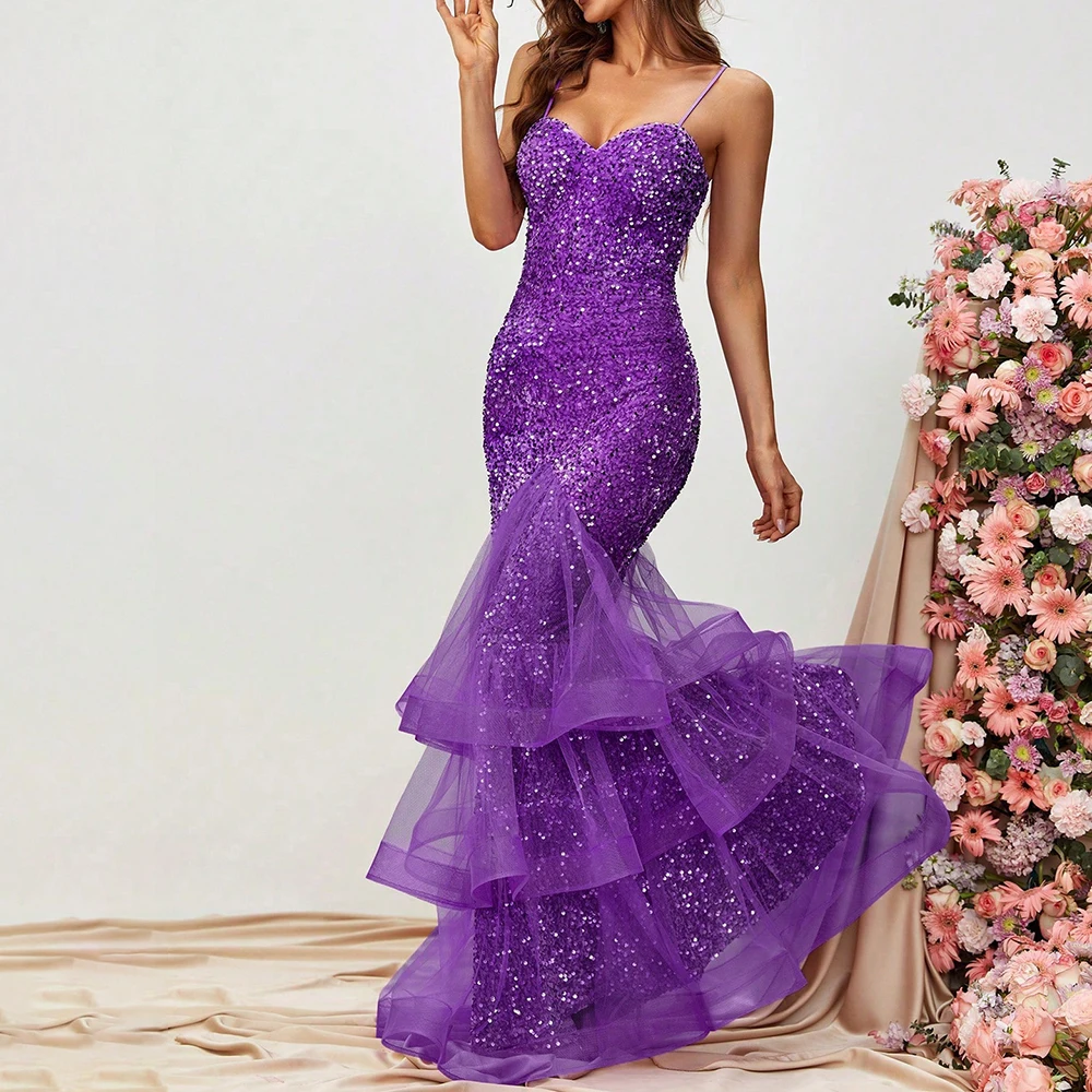 Contrast Mesh Mermaid Sequins Formal Evening Dress Spaghetti Straps Tiered Ruffled Maxi High Waist Sparkle Prom Cocktail Gowns