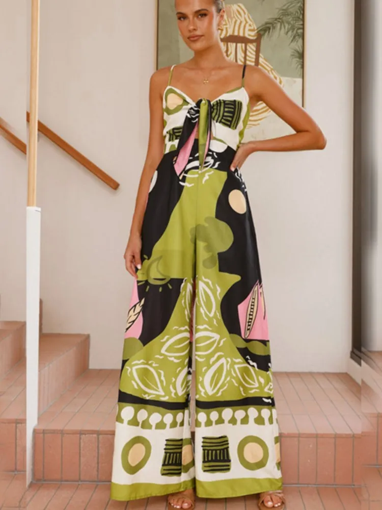 

Summer New Women Fashion Print Spaghetti Strap Jumpsuits Sexy Hollow Out Leace-up High Waist Wide Legs Bohemian Elegant Jumpsuit