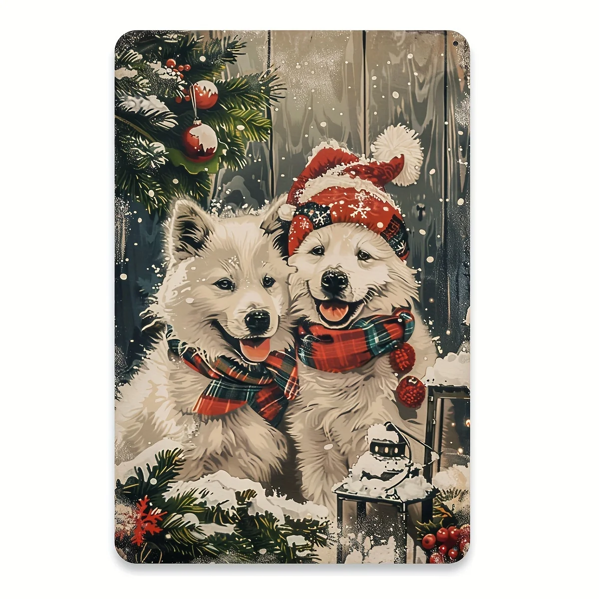 Vintage Christmas Puppy Metal Tin Sign - Two Cute Dogs in Santa Hats (Red & Floral), Snowflakes & Evergreen Trees - Rustic Winte