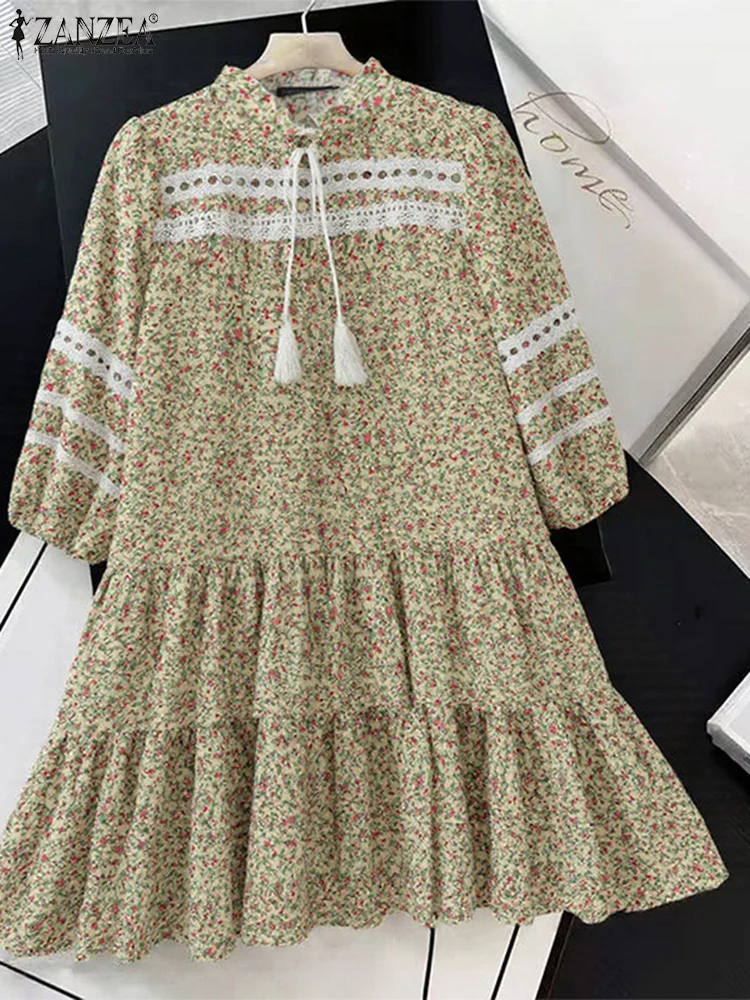 ZANZEA Autumn Floral Printe Dress 2025 Women Fashion Lace-Up Sundress Casual Loose Lace Patchwork Vestidos Elegant Pleated Robe