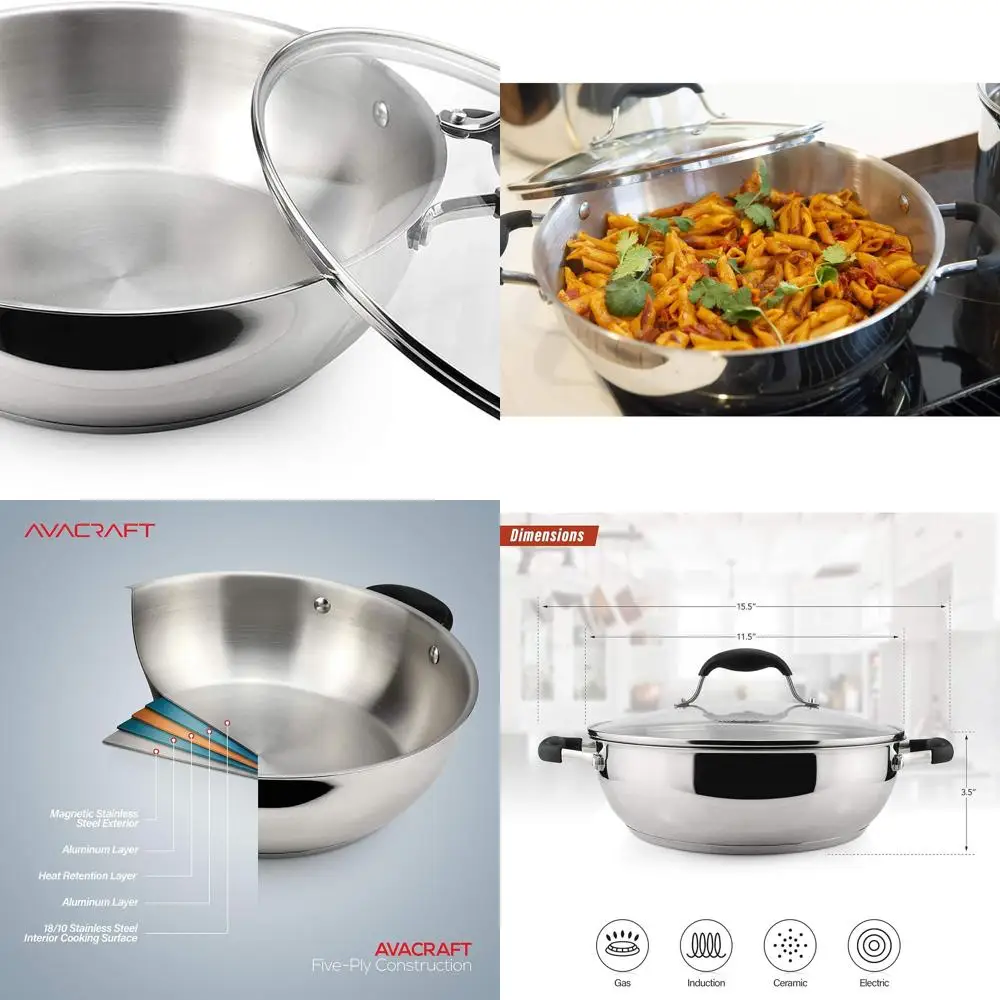 

Многоцелевая сковорода из нержавеющей стали диаметром 11 со стеклянной крышкой и пятислойным основанием для жарки, блюд и запеканки.