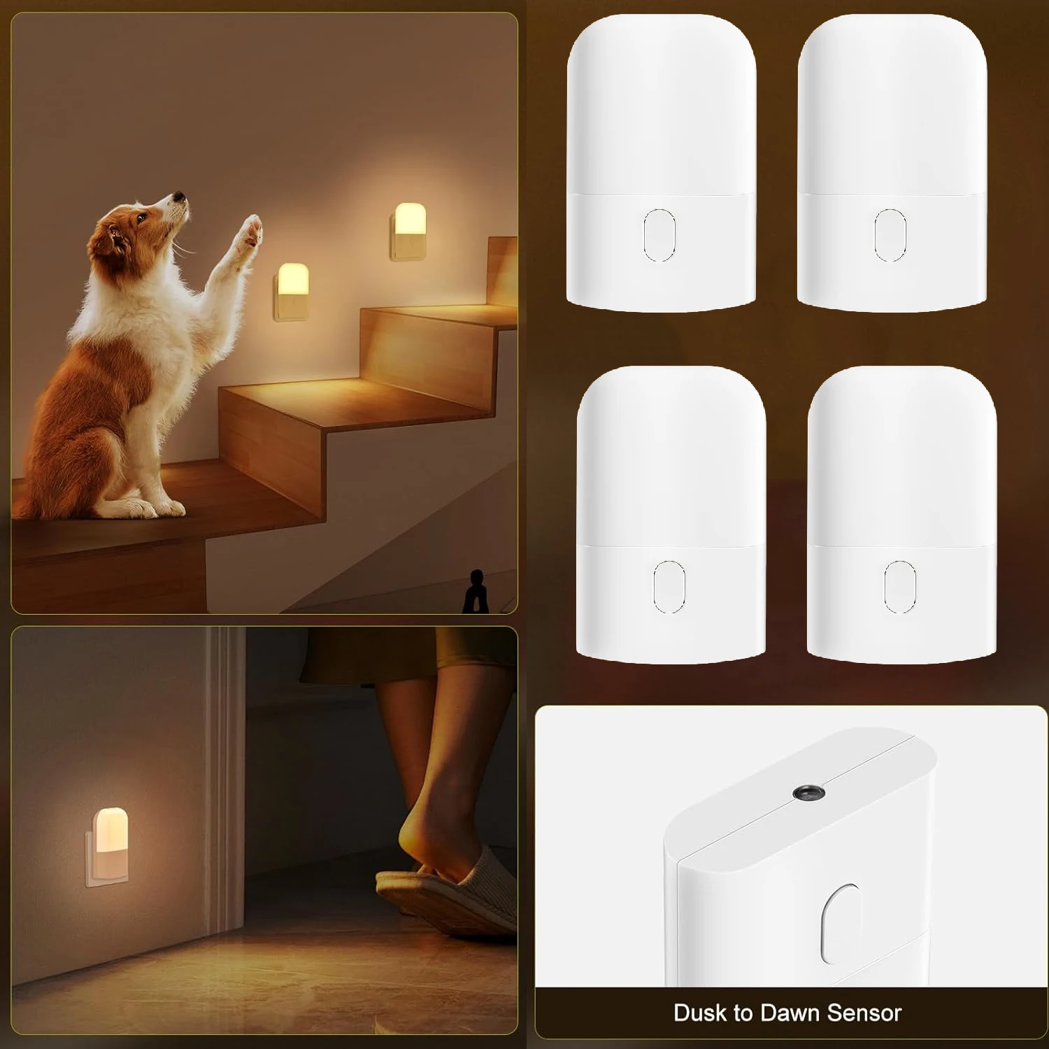 

1pc/2pcs/4pcs Night Light Socket with Twilight Sensor, 3-Stage Dimmable (2700K Warm White), Night Light for Bedroom