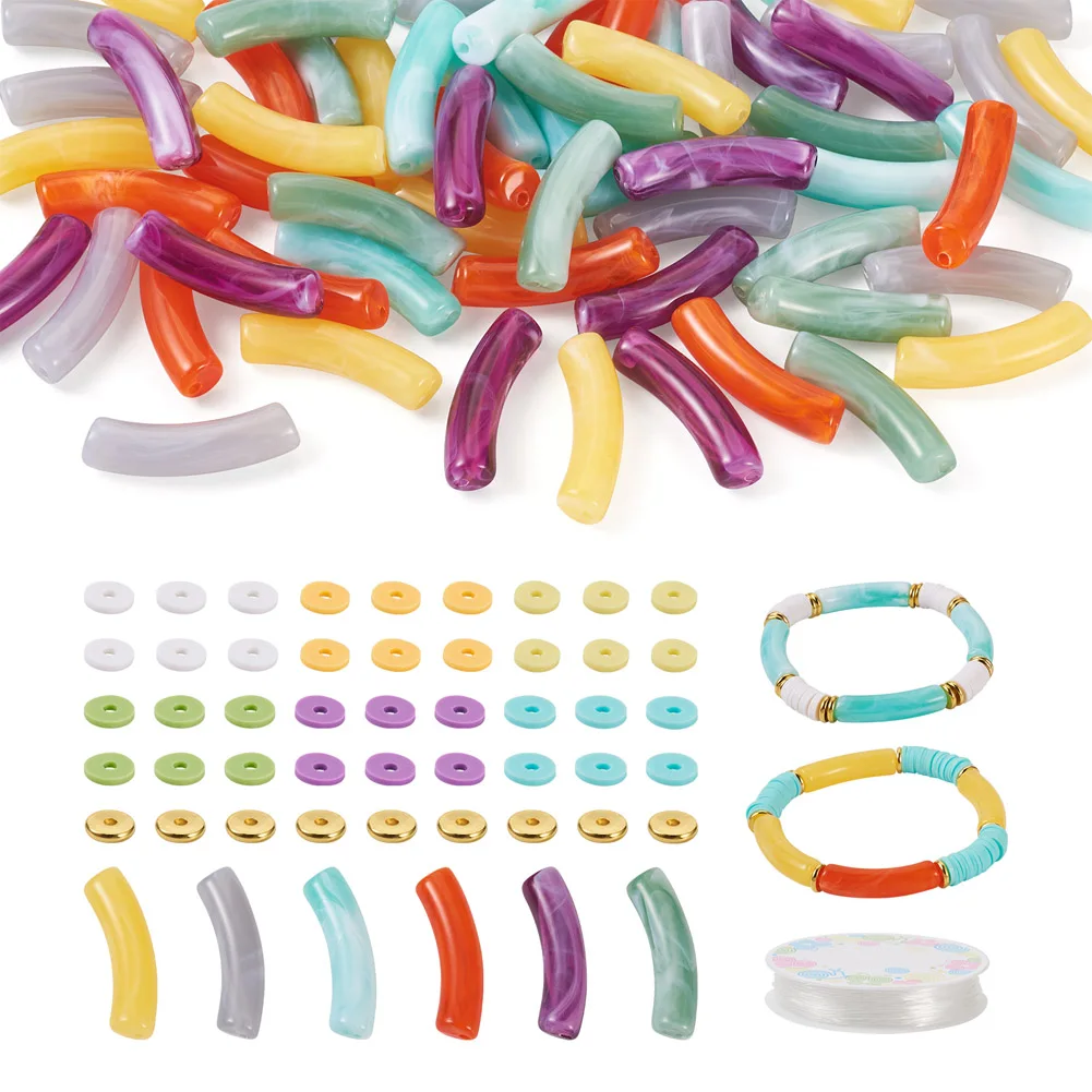 Curved Bamboo Tube Acrylic Bent Pipe Bead Polymer Clay Disc Brass Spacer Bead Elastic Thread DIY Stretch Bracelet Making Kit