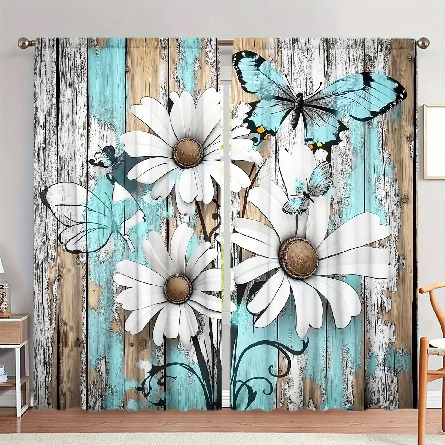 Country Daisy Butterfly Blackout Rod Pocket Curtain Faded Wood Plank Floral Decor Farm Homestay Leisure Rest Bay Window