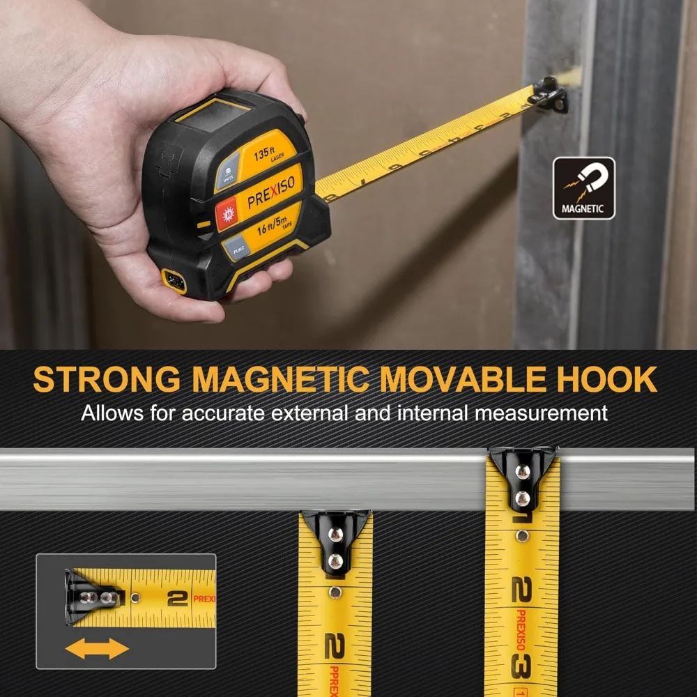 Cinta métrica láser 2 en 1, cinta NO DIGITAL, herramienta de medición láser recargable y gancho magnético móvil de cinta métrica de 16 pies