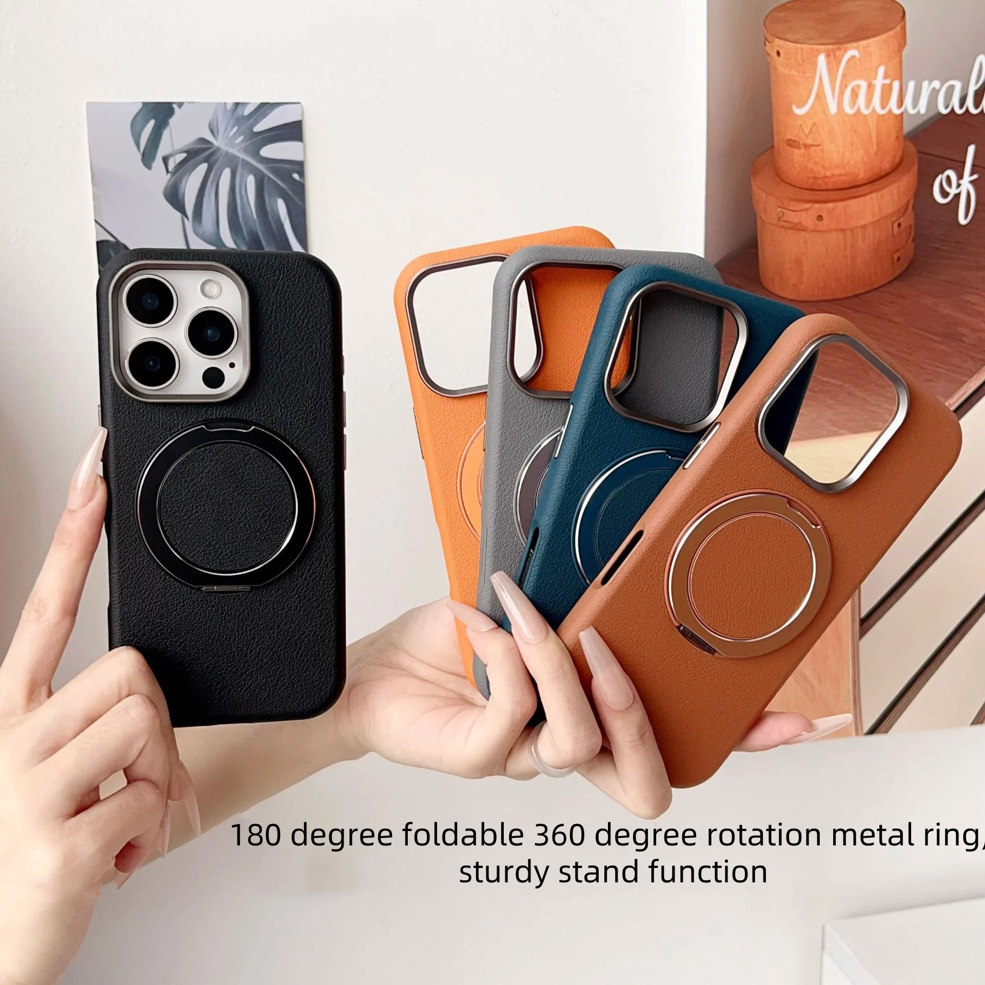 

Eco Vegan Leather Case For iPhone 16 15 14 13 Pro Max With 360 Rotation Magnetic Metal Ring Stand For Masafe Wireless Charger