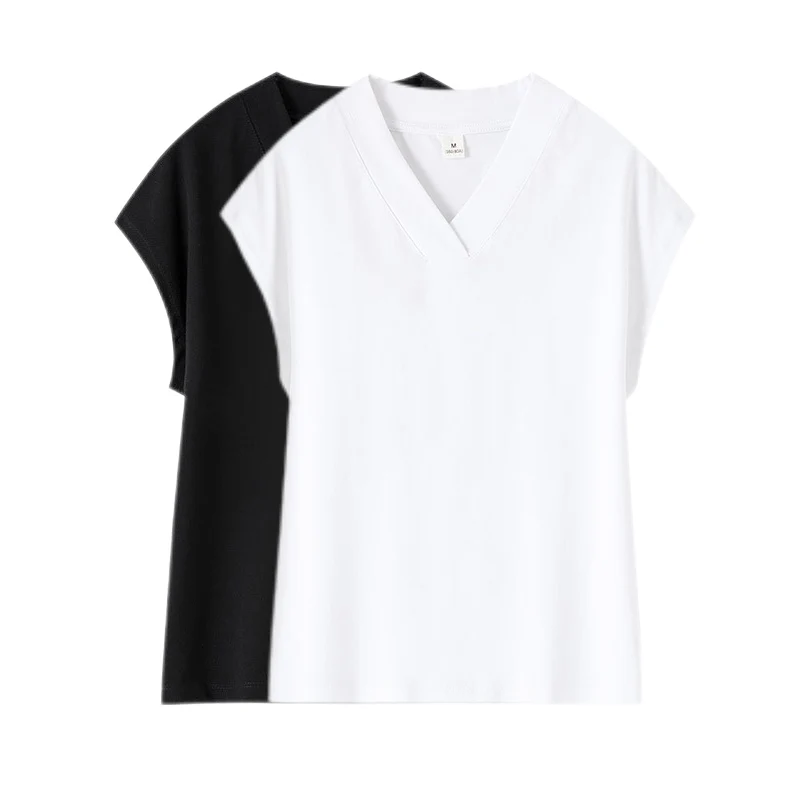 2pcs/Lot Women Sweetshirts Short sleeve womens clothing Black white T-shirts for Girls V-Neck Summer Clothes Basic Female Shirts