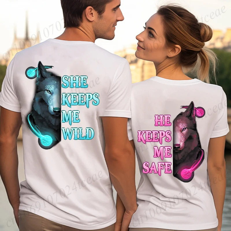 She Keeps Me Wild/he Keeps My Safe T-shirts for Couple Matching Wolf Back Print Tops Valentine's Day Lover Short Sleeve Tees