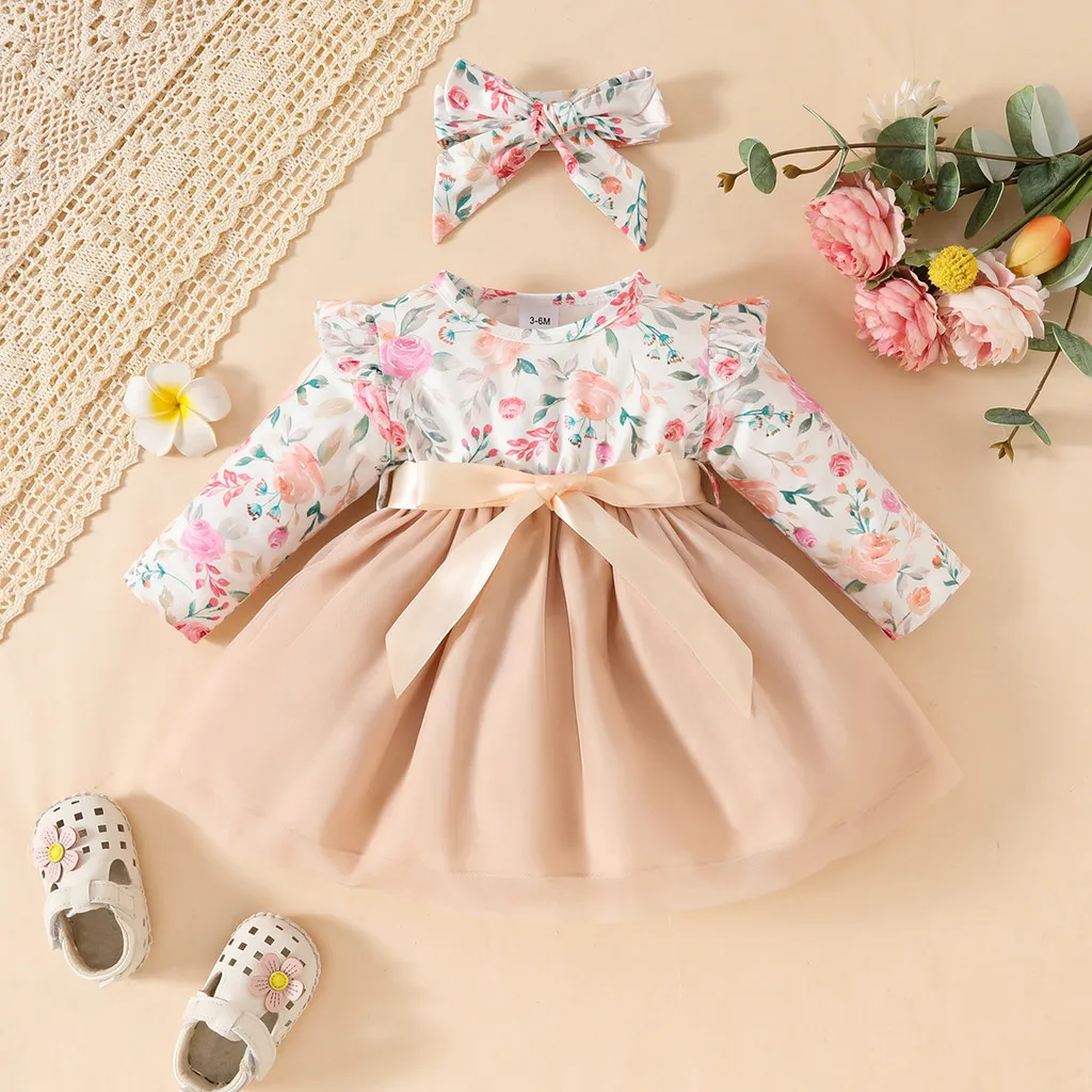 Autumn 3-24Months Baby Girl Long Sleeved Floral with Apricot Mesh Dress+Headband Toddler Princess Dress Birthday Party Wear
