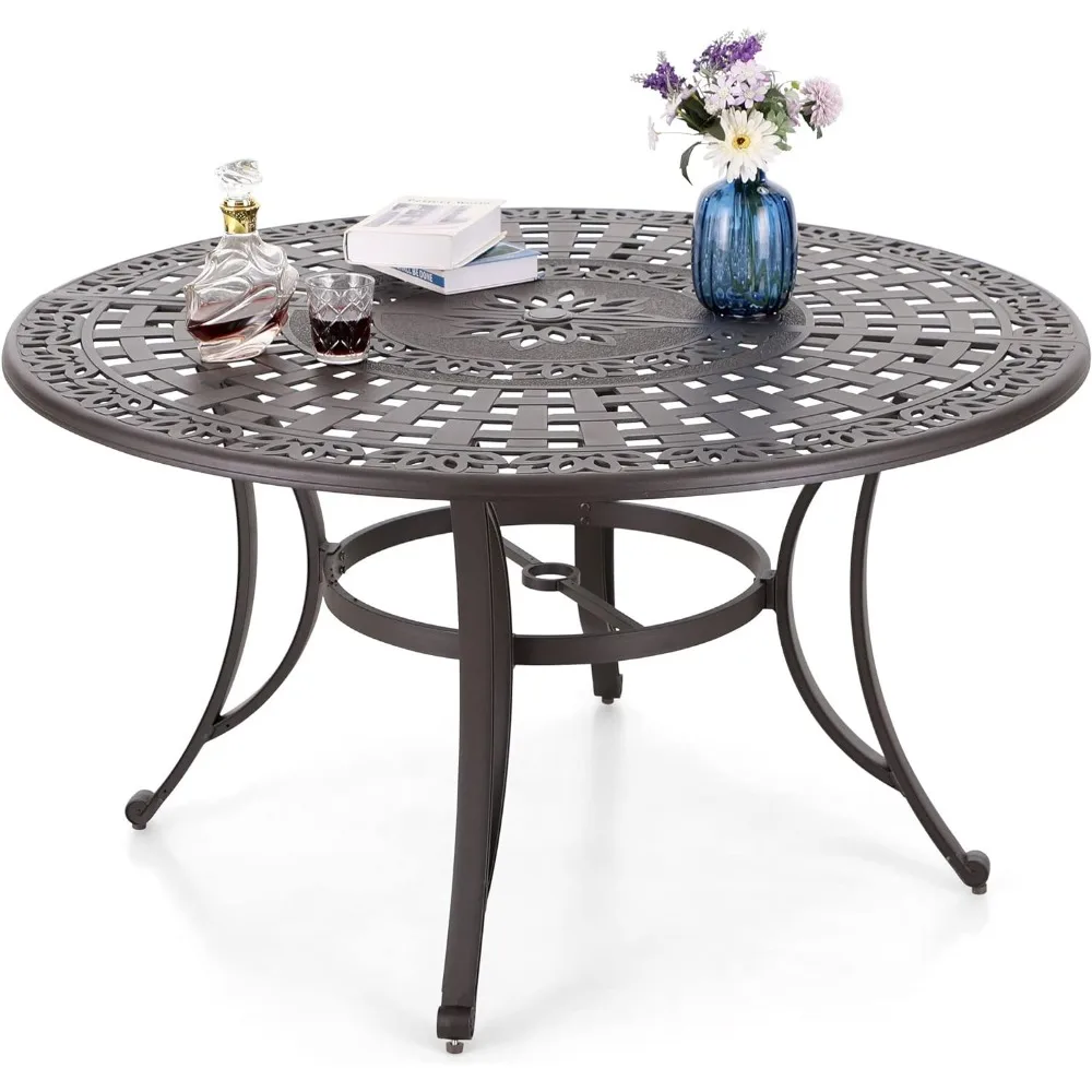 

Cast Aluminum 54" Round Patio Dining Table with Retro Design Pattern, Umbrella Hole, Outdoor Table for 4-6,Outdoor Tables