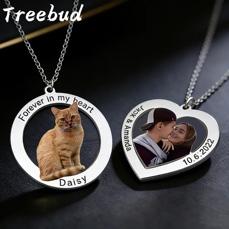

Treebud Personalized Custom Color Photo Necklace for Women Stainless Steel Engrave Dog Cat Couple Family Picture Jewelry Gifts