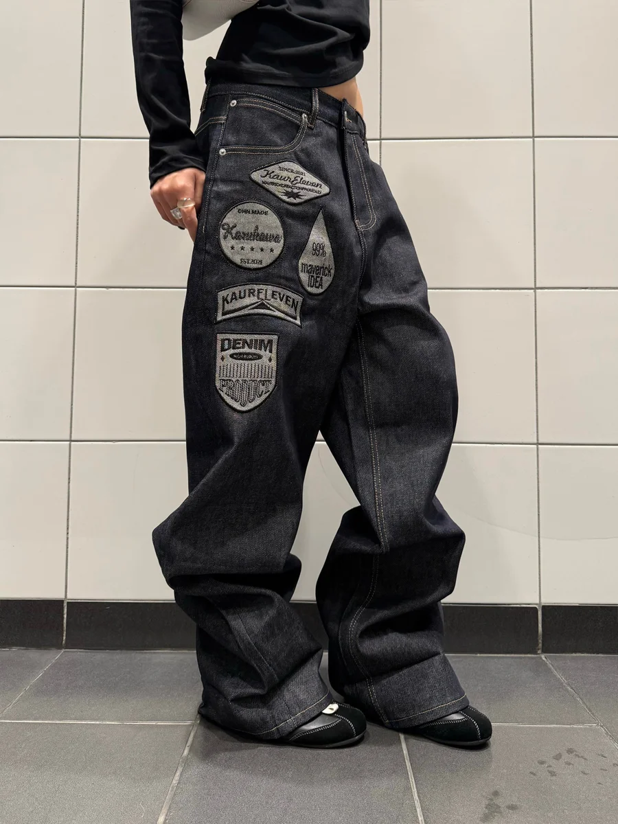 Calças Jeans Americanas Retrô com Patchwork e Bordados, Corte Solto e Perna Reta, Unissex, Versáteis e Compridas
