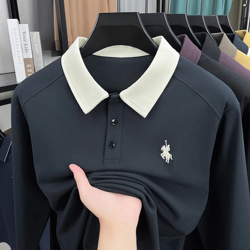 

High end fashion long sleeve polo shirt luxury brand horse riding Paul embroidery lapel T-shirt autumn Korean casual men's wear