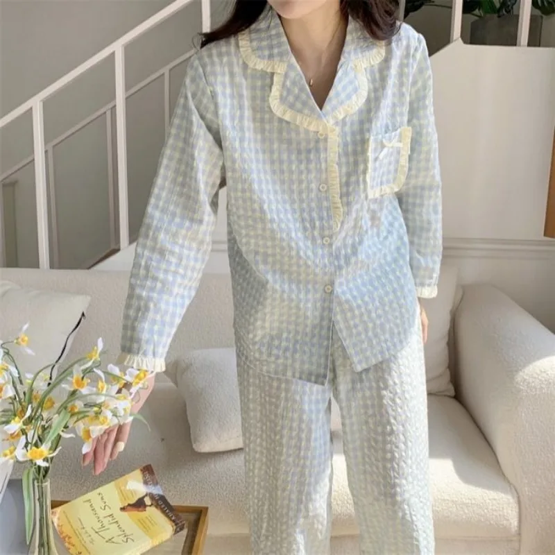 Plaid Sleepwear Women Pajama Sets Autumn Piiama Ruffles Pants Sets for Women 2 Pieces Button Korean Night Wears Pocket Home Suit