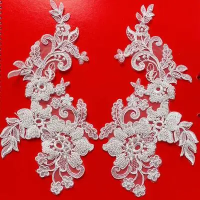 2 pezzi/1 paio in bianco e nero Heavy Luxury Bead Lace Flower Applique abbinamento abito da sposa accessori copricapo 15x30cm