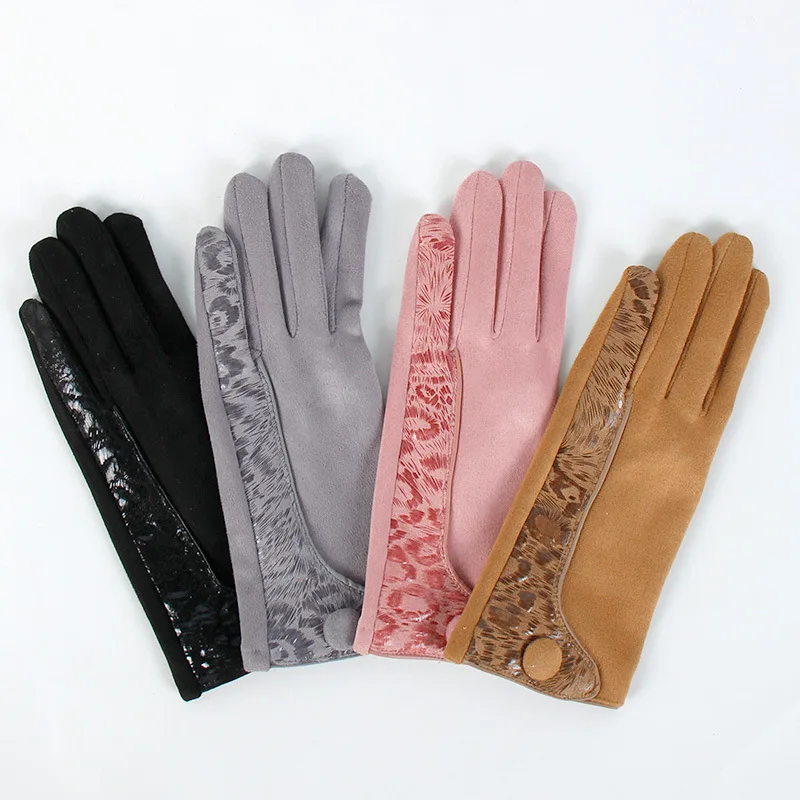 Women's Outdoor Full Finger Thicken Riding Touch Screen Driving Gloves Winter Suede Leather Leopard Print Velvet Warm Mittens