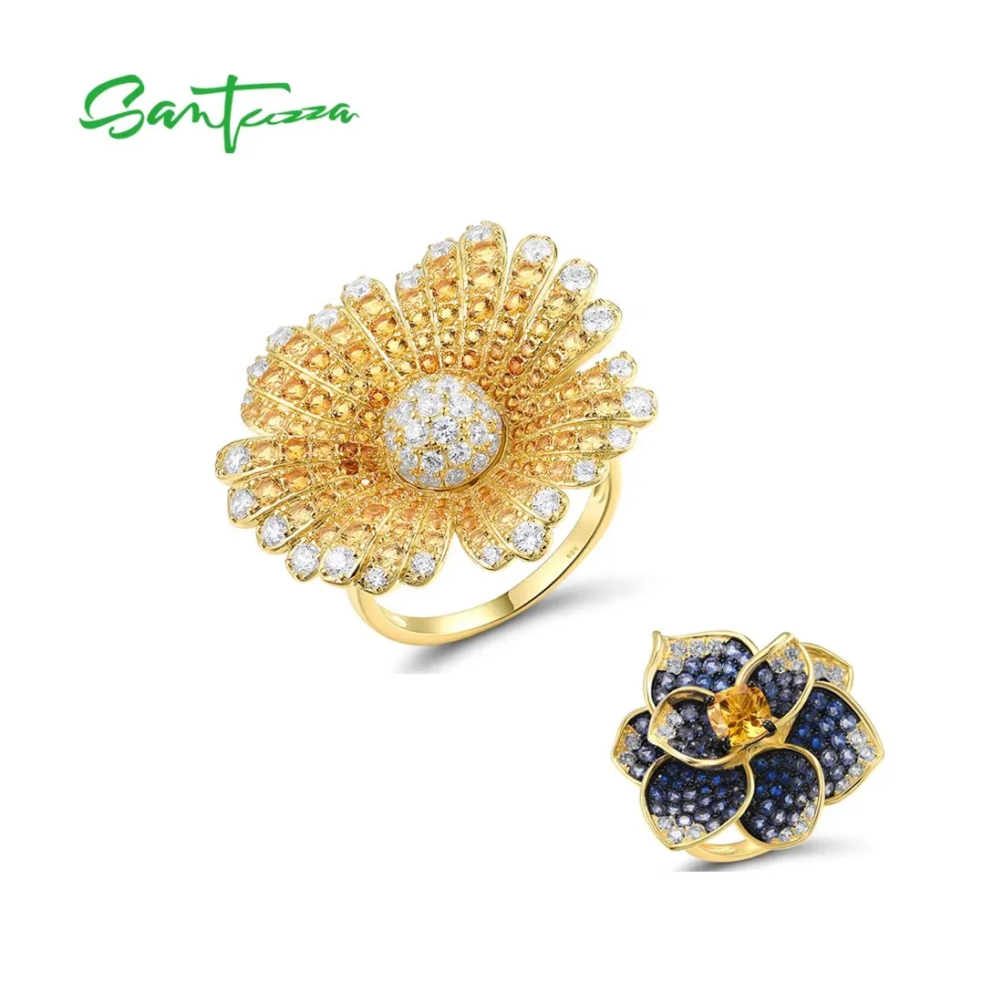 SANTUZZA Pure 925 Sterling Silver Ring For Women Blue Spinel Yellow Crystal Blooming Flower Gorgeous Wedding Gifts Fine Jewelry