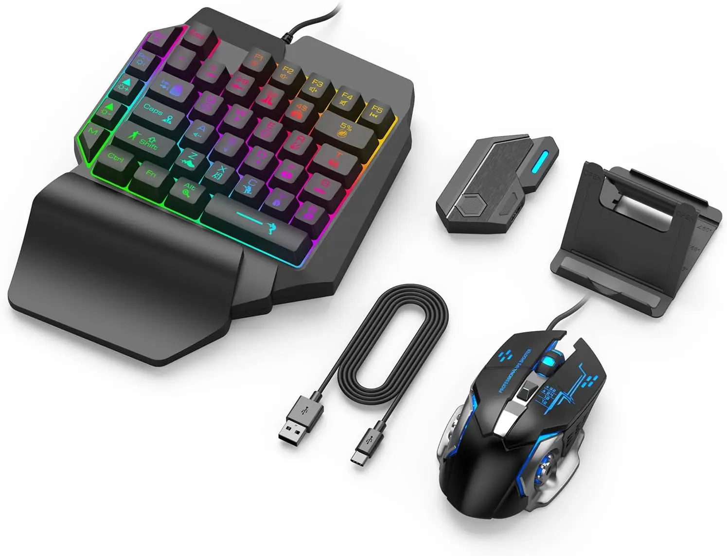 

One Handed Gaming Keyboard and Mouse Combo, RGB Backlit 35-Key, with Wrist Rest and Converter
