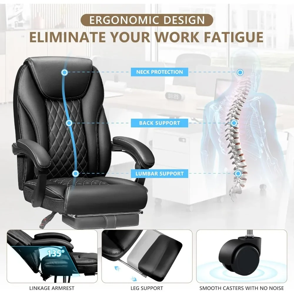 Executive Office Chair Big and Tall Home Office Chair, High Back Ergonomic Leather Chair with Footrest.