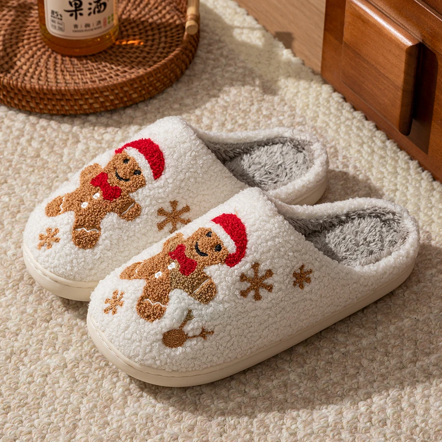 Women's Christmas Slippers Adorable Indoor Festival Gingerbread Man Embroidery Couple Fashion Winter Holiday Christmas Shoes - Image 4