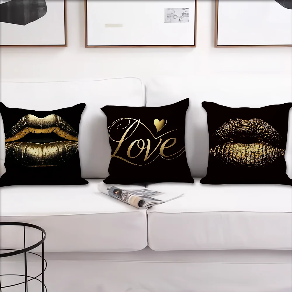 Golden Lips and Heart Pattern cushion cover For Pillow Printing Sofa Decoration Home Room Coffee Shop Office Nordic Simplicity