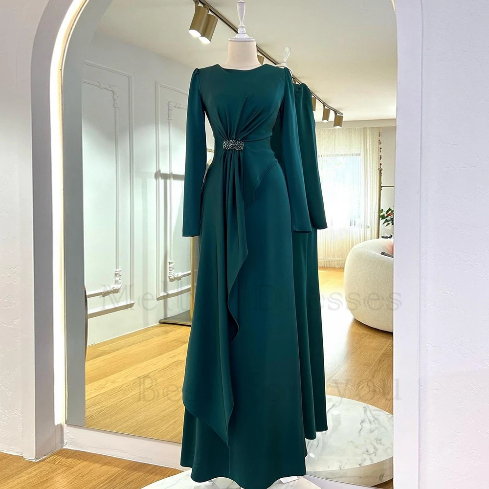 

Green Scoop Evening Dresses for Women Full Sleeve Pleat Chiffon Prom Gowns with Beading 2023 Summer New Vestido De Noche