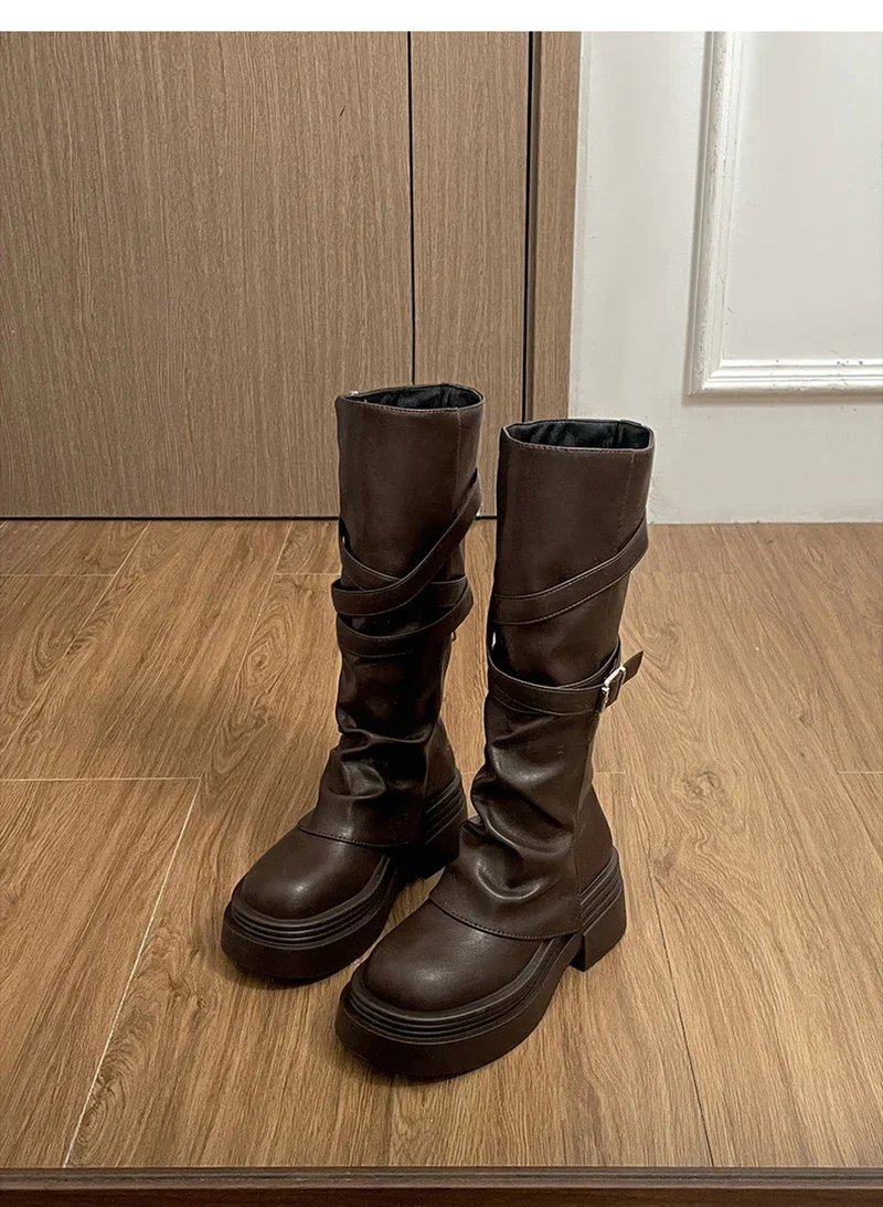Vintage Damenstiefel mit Dickem Absatz, Modische Slip-On Kniestiefel für Herbst und Winter, Zapatos De Mujer – Detail 15