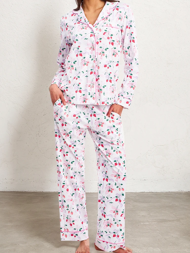 

Hiloc Cute Bow Strawberry Print Knit Women Pajama Elastic V-Neck Long Sleeve Home Top Pocket Ankle Length Trouser Sleepwear 2025