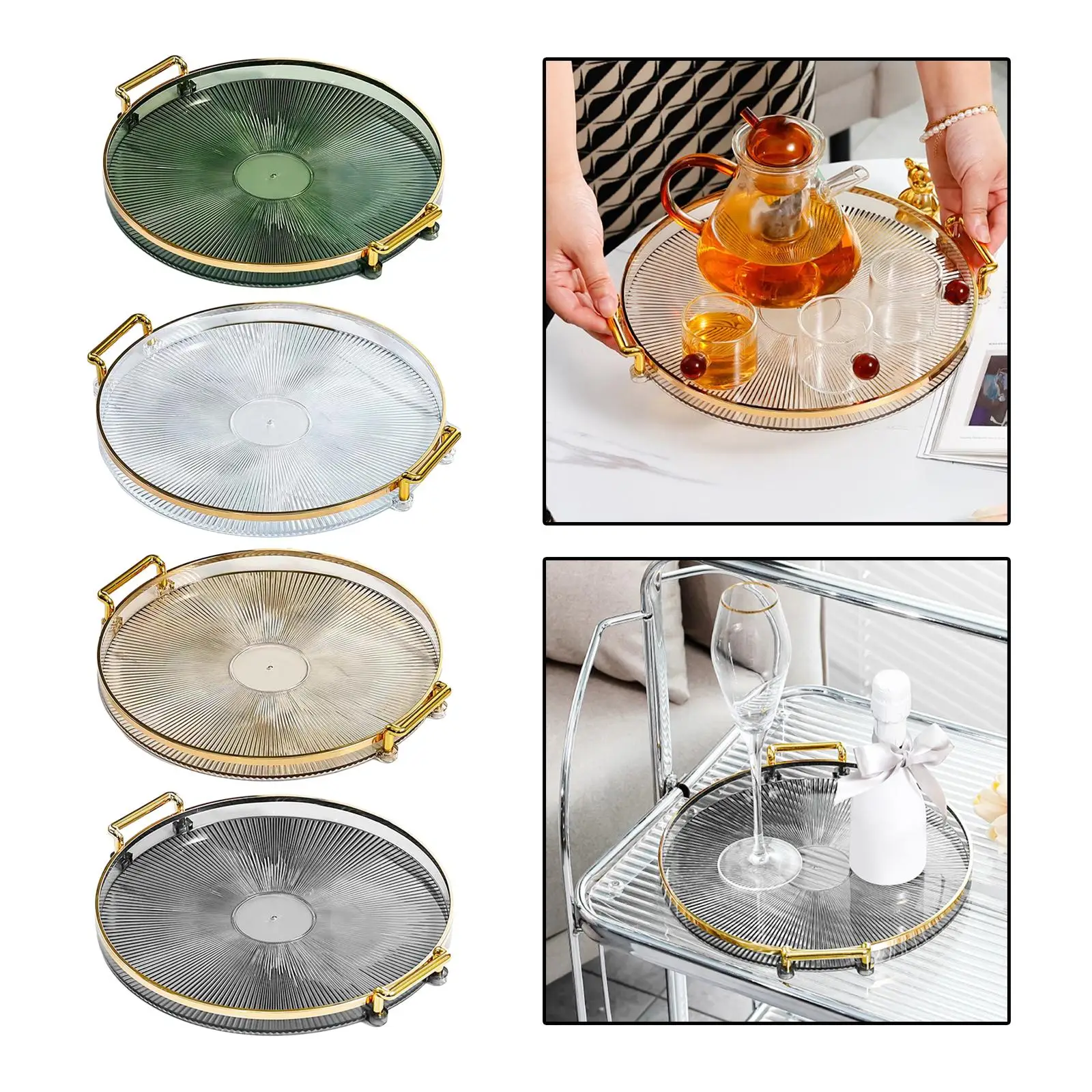 Plastic Decorative Tray with Handle Large Round Serving Plate for Table Centerpiece Party Reception Hospitality