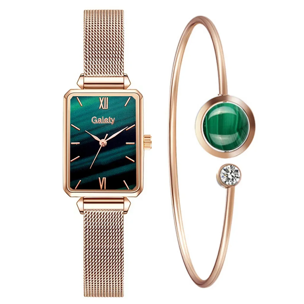 Conjunto de 2 piezas para mujer, relojes cuadrados de cuarzo a la moda, pulsera Simple de malla de oro rosa, relojes de lujo para mujer