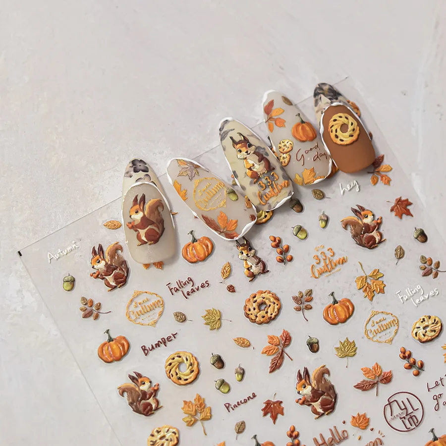 Shining Autumn Nail Stickers Squirrel Sunflower Pumpkin Maple Leaf Pine Nut Biscuit Pattern Self-adhesive Nail Decoration Decals