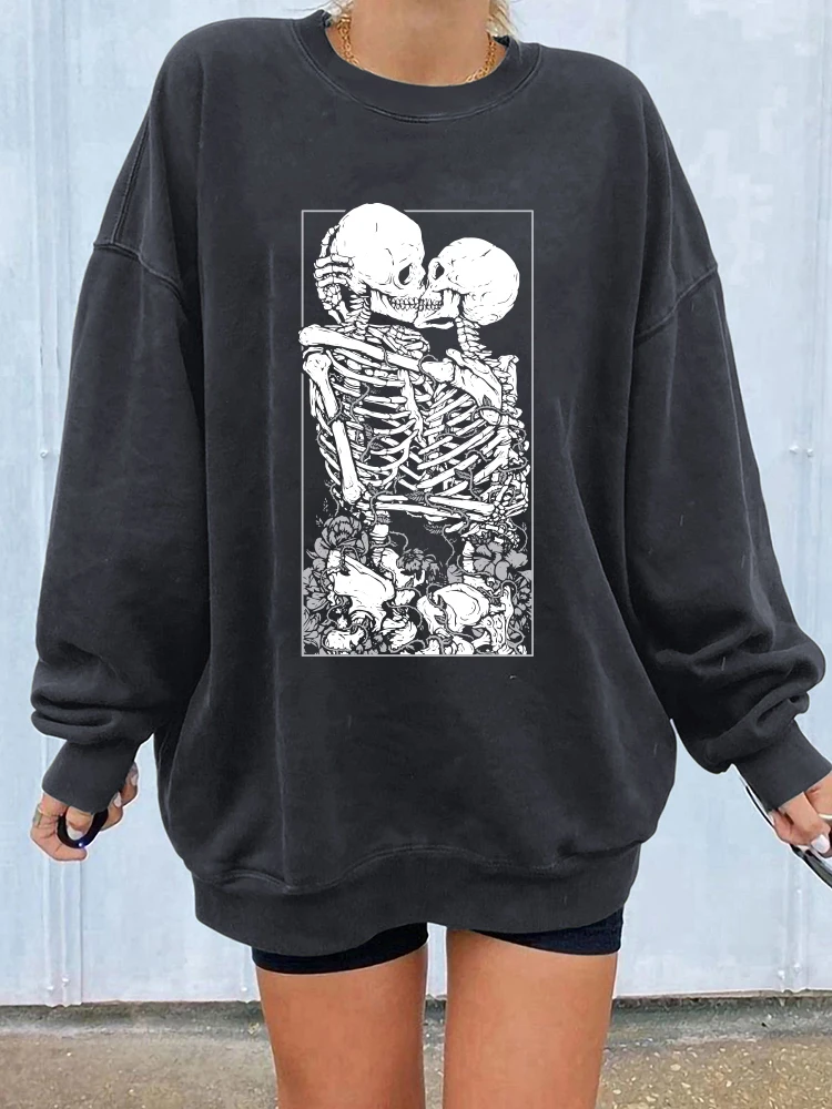 Seeyoushy Funny Skull Print Women Sweatshirts Drop Shoulder Pullovers Winter Vintage Sweatshirt Harajuku 90s Loose Top Sudaderas