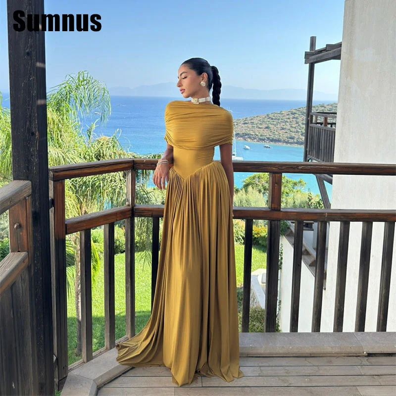 

Sumnus Elegant Straight Evening Dress High Neck Pleats Floor Length Formal Occasion Gowns فساتين سهرة Customized