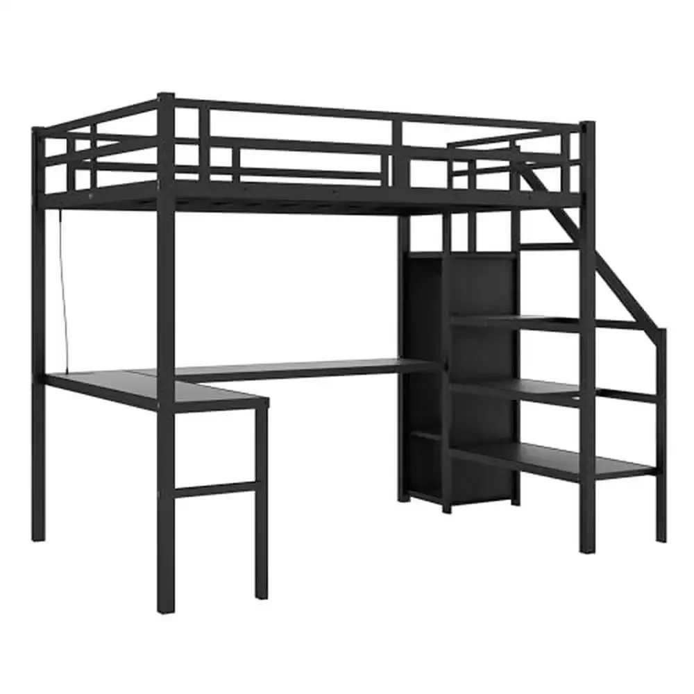 Full Size Metal Loft Bed with L-Shaped Desk and LED Lights Charging Station Wardrobe Adjustable Shelf Kids Loft Bed Rack Metal