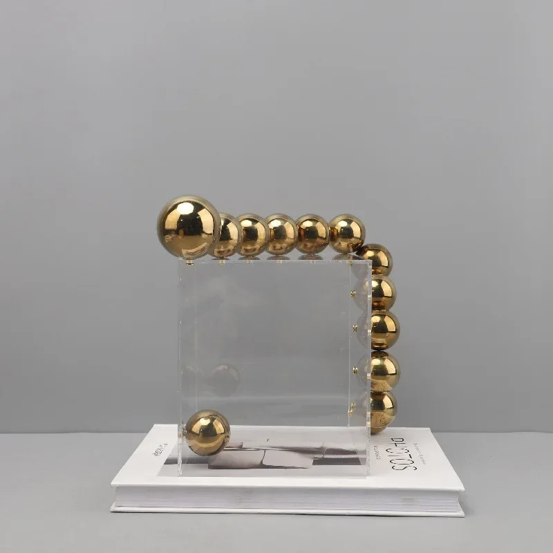 Abstract Geometric Sculpture Clear Acrylic Cube Golden Ball Splicing Metal Cover Ball Ornament Home Decoration Accessories